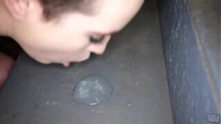 Perverted submissive Brooke Johnson slurps cum up from the filthy stairs